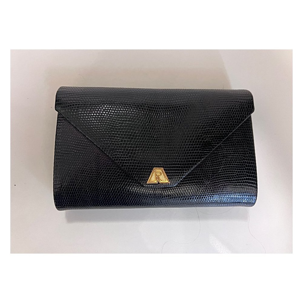 ALEXANDRE REZA Rare Vintage Black Lizard Clutch With Solid 18K Gold Logo